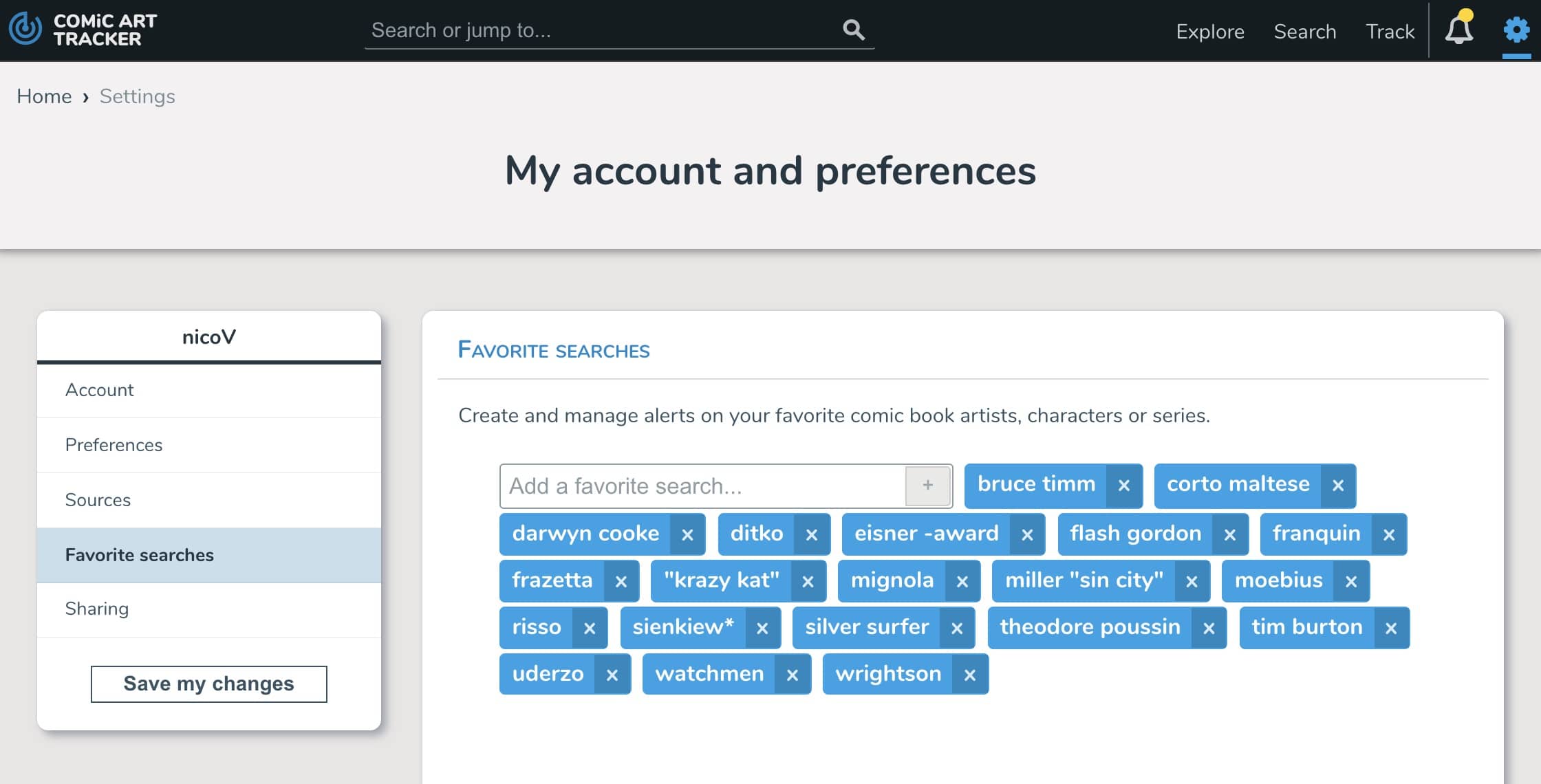 Manage your favorite keywords on ComicArtTracker