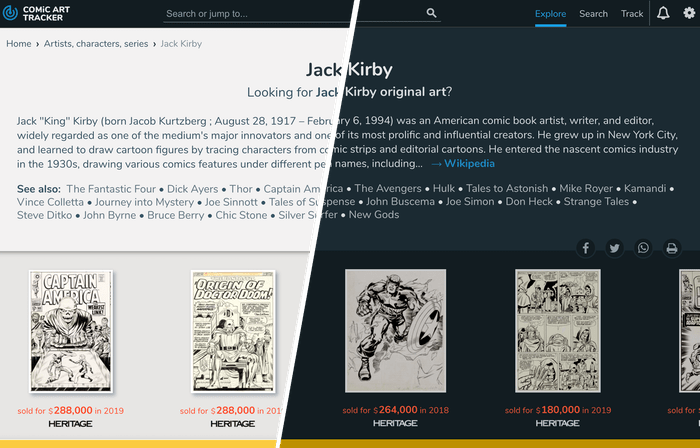 Light and dark modes on ComicArtTracker