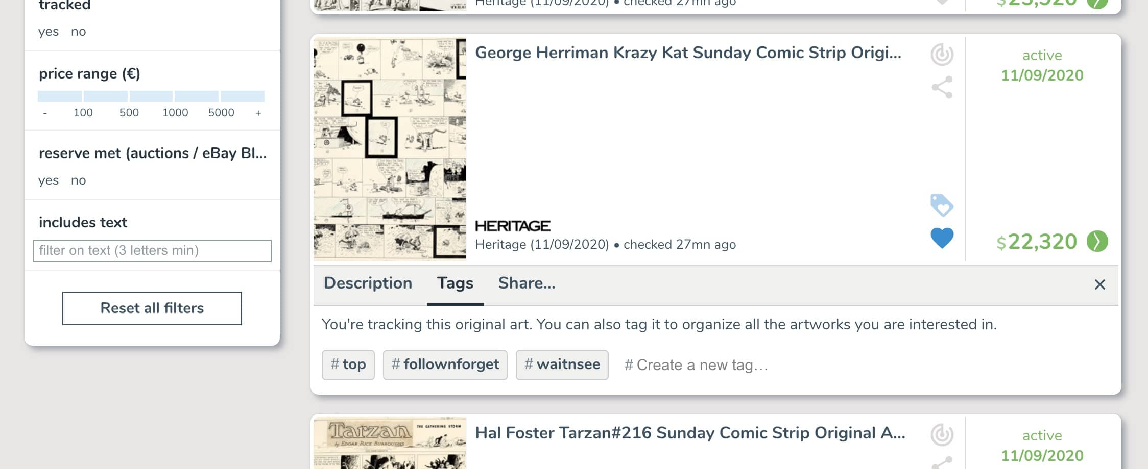 Organize your tracking list on ComicArtTracker