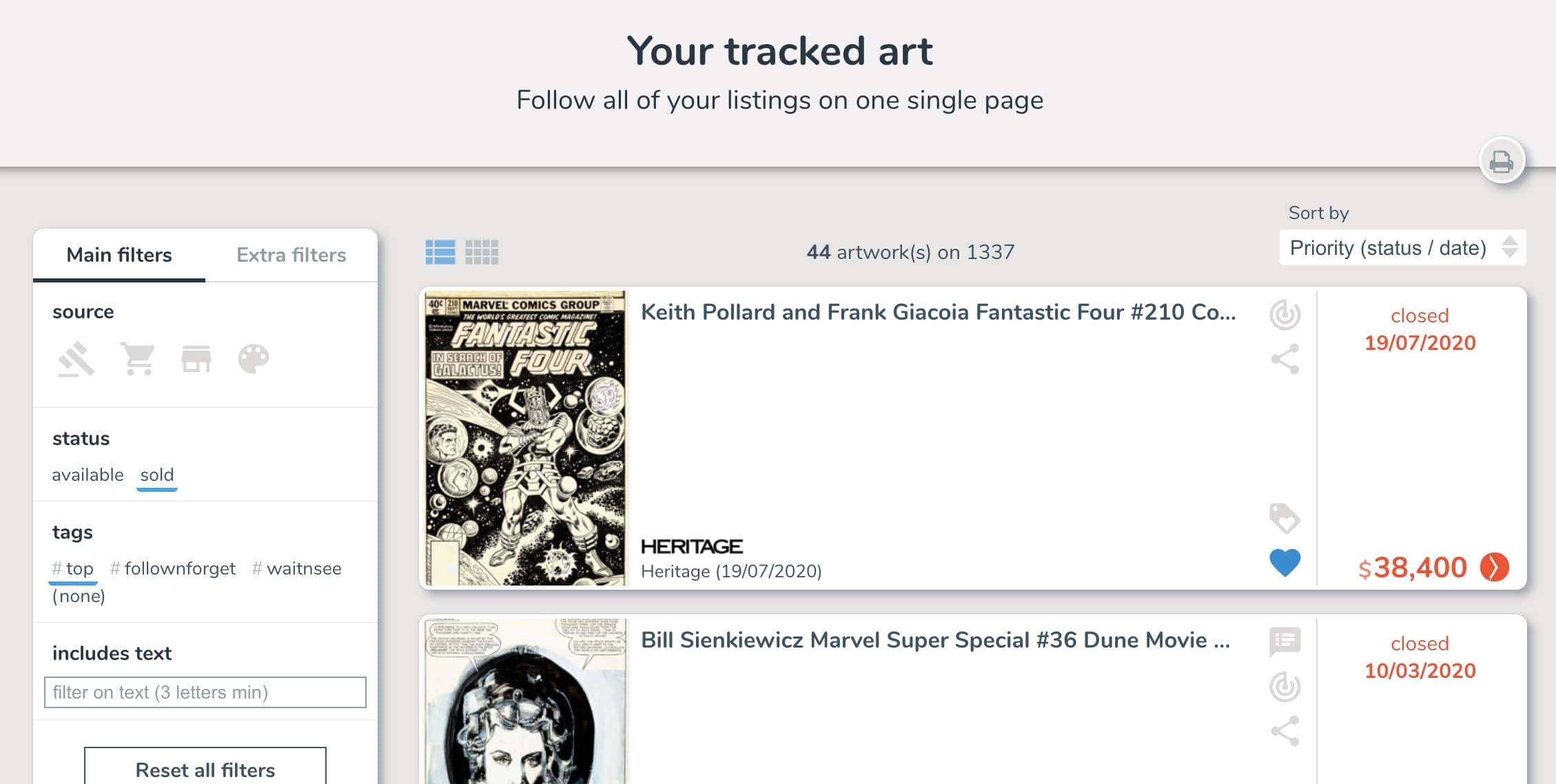 Filter your tracking list with tags on ComicArtTracker