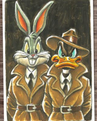 Joan Vizcarra Peinture originale - Bugs Bunny & Daffy Duck, Private Investigators - Hand Signed Original Gouache Artwork | Catawiki