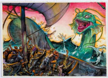 Mike Dubisch Sea Monster Painting Original Art (2011). This gorgeous piece was intended for a Hercules/Xena - | Heritage