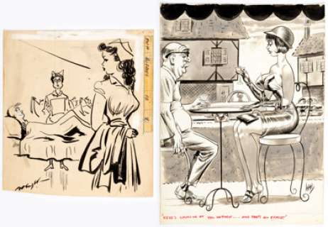 Bill Ward and Bill Wenzel - Men‘s Magazine Single Panel Gag Cartoon Illustrations Original Art Group of 2 -