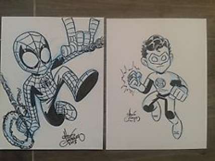 2 x Original Mini Marvel sketches by Chris Giarrusso - Spider-man and Green Lantern