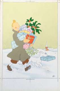 Hergé, Georges Rémi Dit (1907-1983) | Mise en couleur originale carte de "Bonne Année" Tintin et Milou transportant des paquets cadeaux An… | Stanley’s Auction