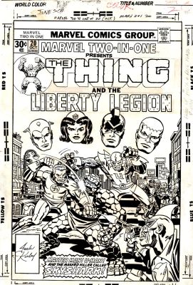 Jack Kirby John Romita Sr. Frank Giacoia - Marvel Two-in-One #20 Cover (Thing Battling Skyshark, Master Man U-Man! with Full Liberty Legion Golden Age Team!) 1976