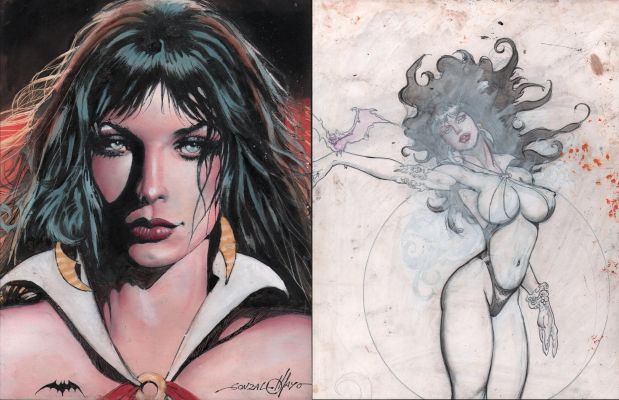 Gonzalo Mayo | Vampirella Portrait Painted Art & Figure Sketch Double-Sided Art - Signed | Anthony’s Comic Book Art