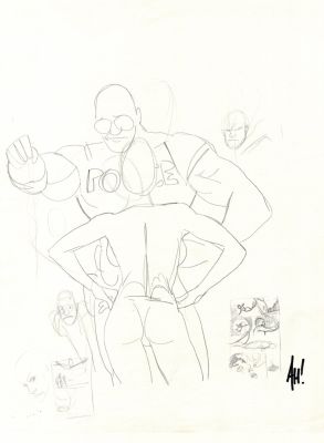Adam Hughes | Savage Dragon with Babe Prelim For Published Project From 1993 Sketch Book (Signed!) | Romitaman