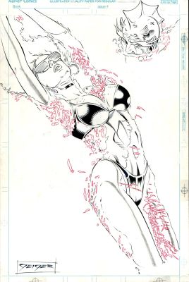 Steve Geiger - Marvel Swimsuit Special #3 Pinup (Black Cat in an Amazing Tiny Black Bikini Swimming As Triton Watches in Astonishment!) 1994