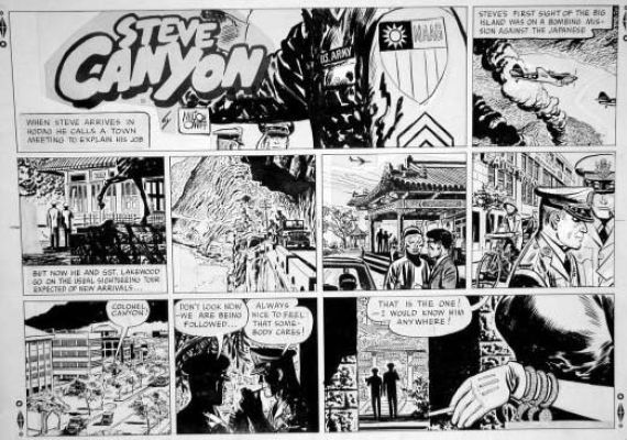 Milton Caniff | Caniff, Milt - Steve Canyon Sunday 5/17 1959, Steve Helps Beaten Female Doctor | Cool Lines Art