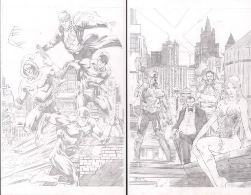 Ricardo Silva | Dc Rogues Gallery on Rooftops Pencil Art 2Pc - Signed | Anthony’s Comic Book Art