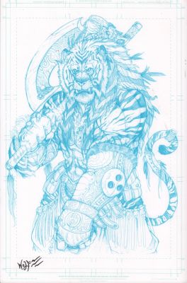 Maria Wolf-Lopez - Anthro Tiger Warrior Detailed Pencil Art - Signed