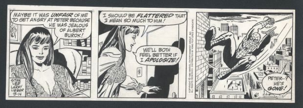 Larry Lieber Stan Lee | Spider-Man Daily By Lieber And Lee - Mary Jane in Negligee Watches Spidey Soar Above the City Issue Spider-Man Daily Page 3-14-1990 | Koch Comic Art
