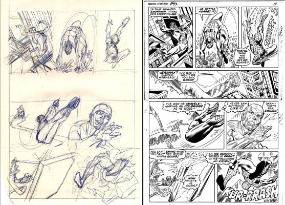 Gil Kane | Amazing Spider-Man #92 Story P 12-13 Pencil & Ink 11 X 17 Inch Prelim with Full Size Art Print Included (Spider-Man & Ice-Man Battle in Every Panel!) 1970 | Romitaman