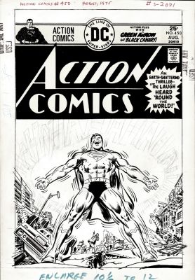 Bob Oksner - Action Comics #450 Cover (Full Body Superman Laughing So Loud That Metropolis Is Collapsing Around Him!) 1975