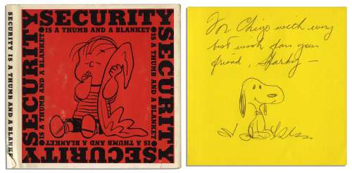 Charles Schulz Hand-Drawn Sketch of Snoopy, Within His Signed ’’Peanuts’’ Book, ’’Security is a Thumb and a Blanket’’ -- Fine | Nate Sanders