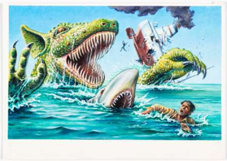 XNO 1988 Topps Dinosaurs Attack Card #17 "Blue Water, Savage Death" Painting Original Art (Topps, 1988). | Heritage