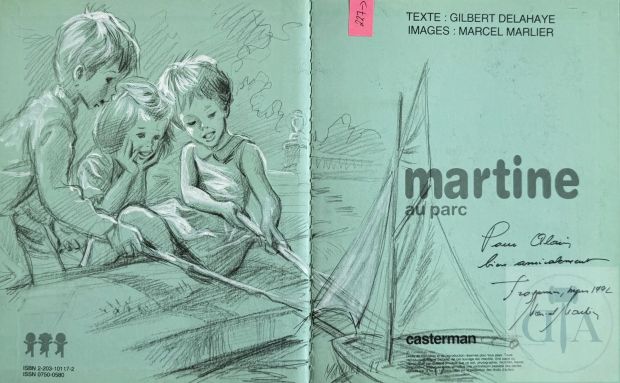 Marlier / Martine. Dessin Original Illustrant Les 3 Enfants Jouant Avec Un Bateau, Réalisé Sur Les Pages de Garde de L’album "Martine Au Parc". Signé Et Dédicacé 1992. Rare. Tbe+ | Lot 150 : Marlier / Martine. Dessin original illustrant les 3 enfants jouant… | Dagoty