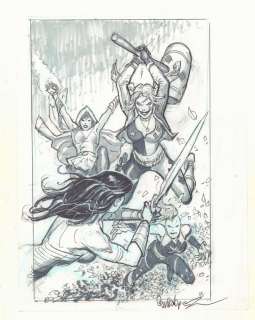 Jose Garcia-Lopez - justice league vs. Suicide squad #1 variant cover prelim - wonder woman vs. Harley quinn, enchantress, and killer frost - 2017