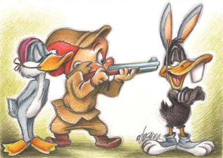 Looney Tunes - Bugs Bunny, Daffy Duck and Elmer Fudd - Who is who? - Original Drawing - Joan Vizcarra - Original Art | Catawiki