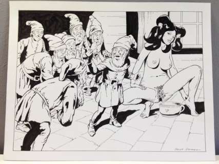 Saint Germain - Illustrazione Originale di grandi dimensioni "Biancaneve ..pissing con i Nani" Firmata - Loose page - First edition | Catawiki