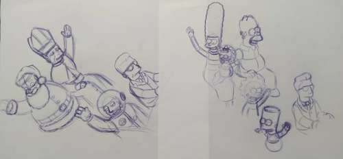 The Simpsons (S11:E22 "Behind the Laughter") - 2 Original drawings of Simpons Family, Pope, Santa Claus and Neil Armstrong - Unique copy | Catawiki