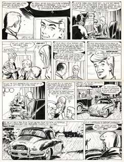Tibet | Piège pour Ric Hochet, planche originale à l’encre de chine pour cet album paru en 1967 au Lombard. Ric conduit sa première Porsche (356A Speedster) et première apparition de la future petite amie de Ric (Nadine). | Septimus