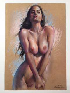 Kirilova Julia | Pin-Up Big Boobs Sexy - Original Pastels Painting Illustration - Signed - Page volante | Catawiki