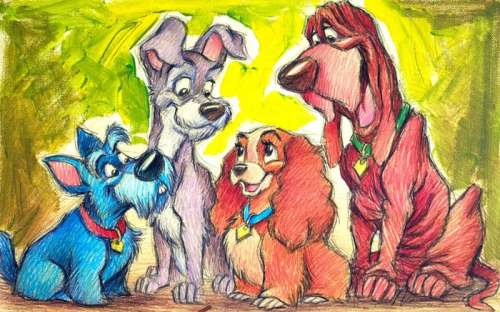 Joan Vizcarra | Lady, Tramp, Trusty & Jock - Giclée Hand Signed & Embellished By Joan Vizcarra - Canvas | Catawiki