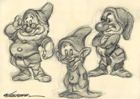 Joan Vizcarra | Doc, Dopey & Grumpy Dwarf [Snow White] - Original Drawing - Joan Vizcarra - 46 x 32 cm - Pencil Artwork | Catawiki