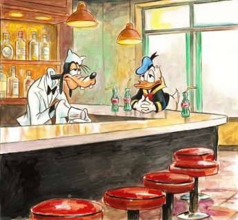 Tony Fernandez, Disney Artist | Donald & Goofy inspired by Edward Hopper’s Nighthawks (1942) - Original Painting - Signed by Tony Fernandez - Acrylic Art | Catawiki
