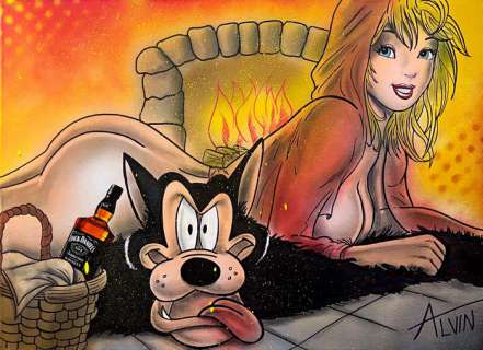 Alvin Silvrants | Curvy Red Riding Hood and Big Bad Wolf with Jack Daniels - Original painting in colour by Alvin Silvrants | Catawiki
