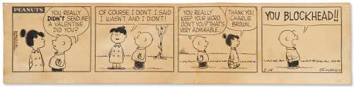 Original Charles Schulz Hand-Drawn ’’Peanuts’’ Comic Strip from Valentine’s Day 1959 -- Charlie Brown Laments Not Getting a Valentine from Violet | Nate Sanders