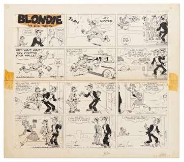 Chic Young Hand-Drawn ’’Blondie’’ Sunday Comic Strip From 1965 -- Blondie Snatches Dagwood’s Wallet | Nate Sanders
