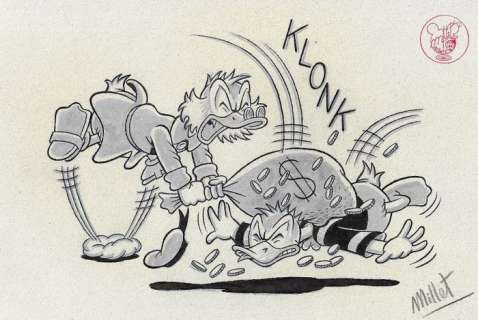 Millet | Uncle Scrooge and Donald Duck - "For 30 cents an hour you could at least work properly!" - Signed Original Drawing by Millet | Catawiki