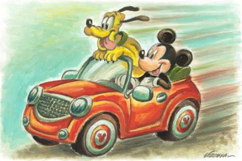 Joan Vizcarra | Mickey Mouse and Pluto Summer Ride - Original Painting - Joan Vizcarra - Acrylic Art - Original Artwork - 45 x 30 cm - No Reserve! | Catawiki