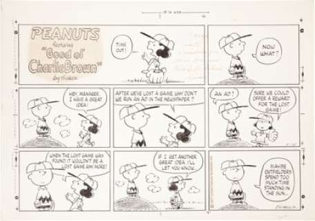 Charles Schulz Peanuts Baseball Sunday Comic Strip Original Art dated 5-15-77 (United Features Syndicate, - | Heritage