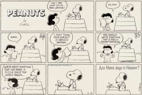 Charles Schulz Peanuts Snoopy and Lucy Sunday Comic Strip Original Art dated 9-10-89 (United Feature Syndicate, 19... | Heritage