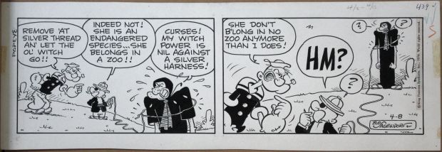Bud Sagendorf | Striscia originale daily comic strip Popeye ‘Let the ol’witch go!’. Cm. 45,5 x 15,5. King Features Syndicate 08-4-1974. Firmata. | Art e Fumetto