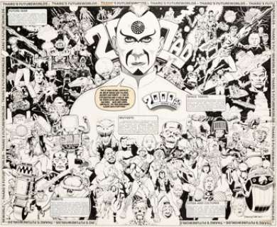 Dave Gibbons 2000 AD #200-205 Giant 6-Page Poster Illustration Judge Dredd and Tharg Original Art (IPC, 1981)....