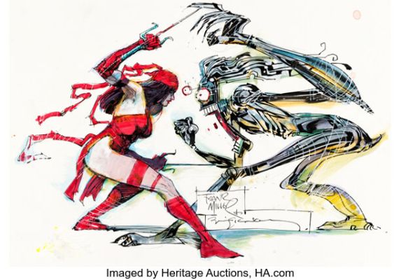 Bill Sienkiewicz [Frank Miller printed blue lines] - Elektra and Warlock Illustration Original Art (undated). | Heritage