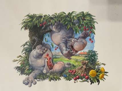 Rottensteiner, Robert - 1 Original colour drawing - Frechdax Books - Nilpferde im Kirschbaum - 1996 | Catawiki