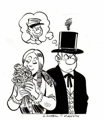 Lambil | Les Tuniques Bleues, dessin original à l’encre de chine réalisé pour un ex-libris. On joint la mise en couleurs et la publication. | Septimus