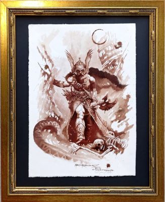 Martin RR Encadré - Frazetta Tribute “Dark Kingdom” – Signed by Sara Frazetta – Original Wine Artwork | Catawiki