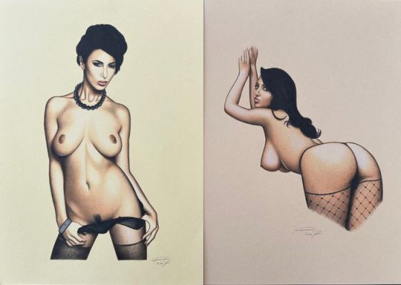 Prudlo, René - 2 Original colour drawing - Pin Up - 2007 | Catawiki