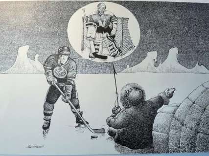 Claude Serre | « Hockey sur glaçe » large planche originale de Claude SERRE publiée dans album « la forme olympique » ed. Glénat – Rare signé (taille 50 x 29.5 cm) plume encre et aquarelle | Serre