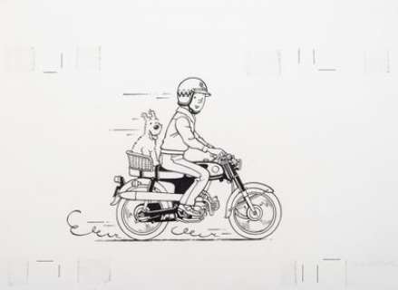 Hergé, Georges Rémi Dit (1907-1983) Studios Hergé | Dessin original, encre de chine, réalisé par le Studio HERGÉ, Tintin Ã  moto, pour un concours Â«La Va… | Stanley’s Auction