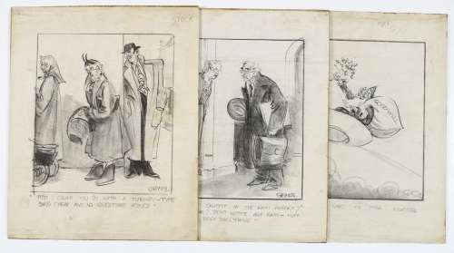 Evening Star 3 original wartime cartoon artworks (1940s) drawn with two signed by illustrator Leslie | Comic Book Auctions ltd