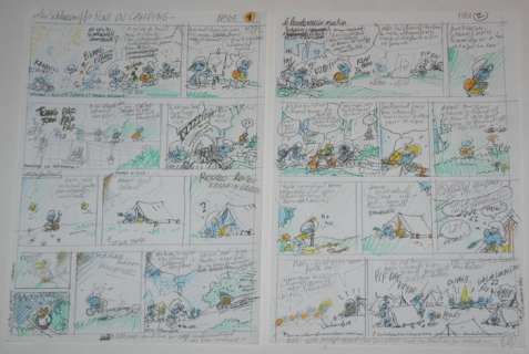 Studio Peyo - 2 Original sketch pages - the Smurfs - Les Schtroumpfs font du camping | Catawiki