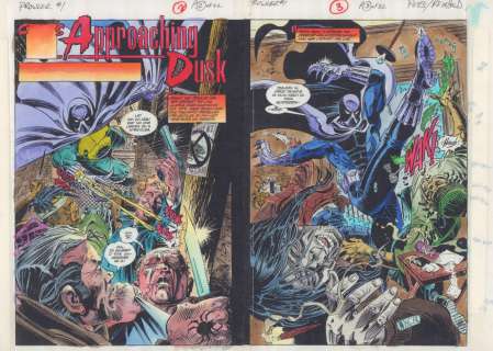 Bill Reinhold, John Kalisz - the prowler #1 pgs. 2 & 3 color guide art - ‘approaching dusk‘ title dps - 1994